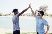 Amigos fazendo high five perto do lago, Long Beach, Califórnia, EUA — Fotografia de Stock