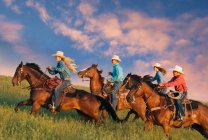 Group of people riding horses in field — Stock Photo