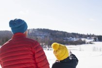 Вид сзади на человека и сына, смотрящих на зимний пейзаж — стоковое фото