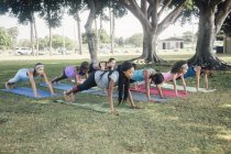 Colegialas practicando yoga postura tablón en el campo de deportes de la escuela - foto de stock