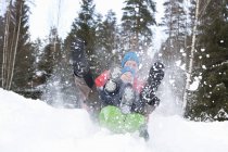 Hombre e hijo en montar en trineo en el bosque de invierno - foto de stock