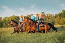 Groupe de personnes à cheval dans le domaine — Photo de stock