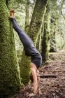 Jeune femme pratiquant le yoga en forêt — Photo de stock