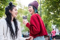 Дві молоді стильні жінки сміються в міському парку — стокове фото