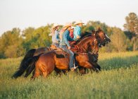Група людей, що катаються на конях у полі — стокове фото