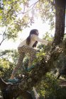 Вид сбоку на девочку, залезающую на дерево — стоковое фото
