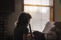 Девушка с музыкальным стендом играет на кларнете за окном — стоковое фото