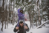 Отец и дочь в снежном пейзаже, отец носит дочь на плечах — стоковое фото