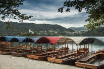 Barcos turísticos em Lake Bled beira-mar, Eslovénia — Fotografia de Stock