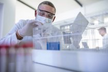 Trabajador de laboratorio sosteniendo tableta digital, mirando en la jaula que contiene rata blanca - foto de stock