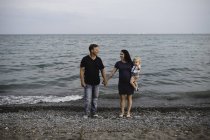 Pareja embarazada en la playa con hijo pequeño varón, Lake Ontario, Canadá - foto de stock