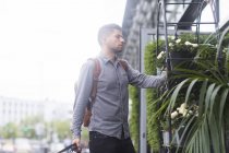 Homme regardant les plantes sur l'étagère à l'extérieur — Photo de stock