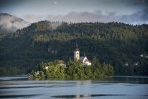 Vista de la iglesia en Bled Island, Lago Bled, Eslovenia - foto de stock