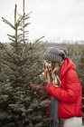 Молодая женщина смотрит на сосновые иголки во время покупки рождественской елки из леса — стоковое фото