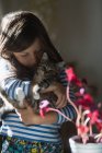 Портрет дівчини на сонці тримає кошеня — стокове фото