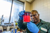 Labortechniker untersucht Becher mit rotem Biokraftstoff im Labor einer Biokraftstoffanlage — Stockfoto