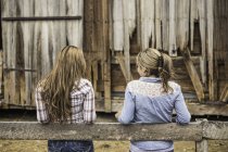 Two young women leaning on fence, rear view — Stock Photo