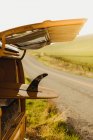 Yellow surfboard in vintage recreational vehicle boot on roadside, Exeter, California, USA — Stock Photo