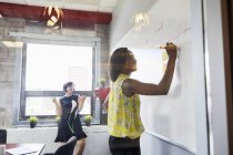 Two women in office using whiteboard and sticky notes — Stock Photo