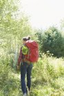 Rückansicht einer Frau mit Rucksack beim Wandern im Wald, Colgate Lake Wildwald, Catskill Park, New York State, USA — Stockfoto