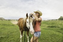Молодая женщина кладет уздечку на лошадь в поле ранчо, Бриджер, Монтана, США — стоковое фото