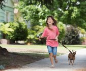 Menina cão de passeio na rua — Fotografia de Stock