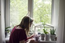 Jovem mulher cuidando de plantas em vaso no peitoril da janela — Fotografia de Stock
