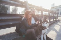 Пара сидящих с собакой и смотрящих на смартфон — стоковое фото