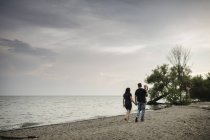 Rückansicht des Paares spazieren mit Kleinkind Sohn am Strand, Ontariosee, Kanada — Stockfoto