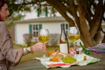 Retrato de mulher sentada à mesa com garrafa de vinho, copos e comida ao ar livre — Fotografia de Stock