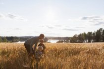 Padre e hijos en el campo de trigo, Lohja, Finlandia - foto de stock