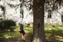 Дівчина на шинах висить з дерева — стокове фото