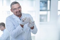 Ouvrier de laboratoire tenant un rat blanc, souriant — Photo de stock