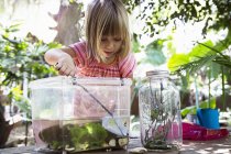Mädchen schöpft Fischernetz in Plastik-Aquarium auf Gartentisch — Stockfoto