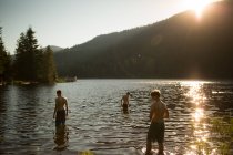Tres chicos adolescentes de pie en el lago, vista trasera - foto de stock