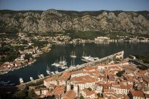 Vista elevada de casas na costa, Kotor, Montenegro, Europa — Fotografia de Stock