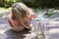 Girl leaning forward to watching caterpillar in jar — Stock Photo