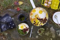 Overhead view of prepared breakfast at camp site, Colgate Lake Wild Forest, Catskill Park, New York State, USA — Stock Photo