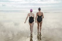Вид сзади на мать и дочь, идущих к морю — стоковое фото