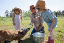 Мать и двое детей на ферме, бутылка кормит молодую козу — стоковое фото
