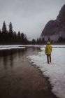 Rear view of male hiker looking over snow covered landscape and river, Yosemite Village, California, USA — Stock Photo