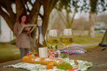 Tavolo con bottiglia di vino, bicchieri e cibo all'aperto e donna sullo sfondo — Foto stock