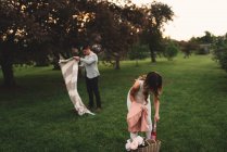 Casal jovem preparando cobertor de piquenique e champanhe rosa no parque ao entardecer — Fotografia de Stock