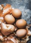 Pelli di cipolla utilizzate per la tintura naturale delle uova di Pasqua, vista dall'alto — Foto stock