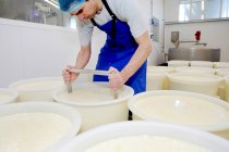 Сыр производитель резки творога вручную — стоковое фото