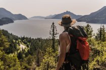 Scenic view of male Hiker enjoying view of lake and mountains, Squamish, Canada — Stock Photo