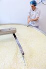 Cheese maker slicing and churning curds in vat — Stock Photo
