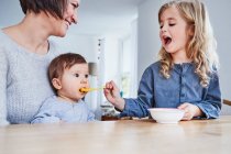 Семья сидит за кухонным столом, молодая девочка кормит малышку ложкой — стоковое фото