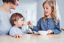Family sitting at kitchen table, young girl spoon-feeding baby sister — Stock Photo