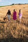 Three girls with bread in basket walking in field — Stock Photo